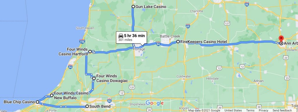Google map estimate of casino road trip day two made in May 2021.