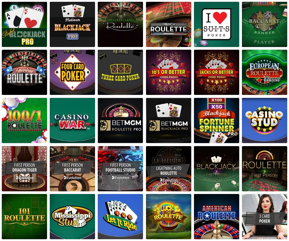 A selection of online casino table games at BetMGM in New Jersey