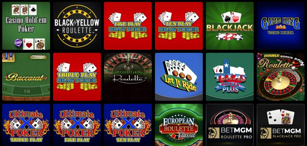 Selection of table games, including video poker, at BetMGM online casino in MI
