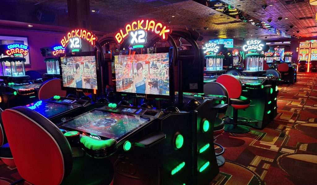 Heads-up electronic table games, including blackjack and Easy Craps, inside Golden Gate Casino in downtown Las Vegas. April 3, 2026